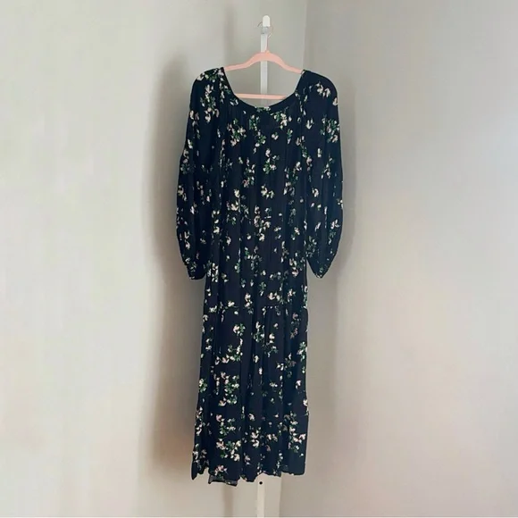 Old Navy Black Floral Long-Sleeve Tiered Maxi Swing Dress Women’s Size XL - Picture 4 of 6